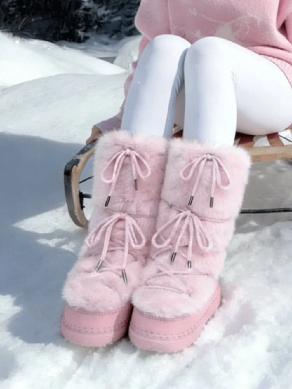 Pink Cute Women's Lace-Up Round Toe Faux Fur Platform Snow Boots